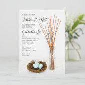 Invitation Plumes rustiques Son Nid Baby shower Oeufs Bleus (Debout devant)