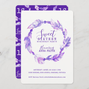Invitation Plumes sweet sixteen d'aquarelle violet