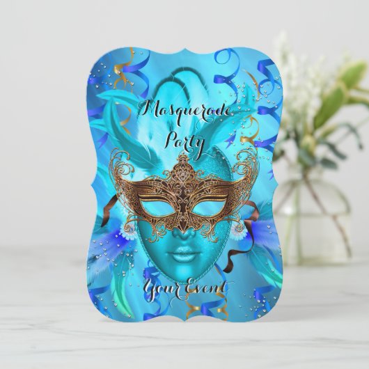 Invitation Plumes Turquoise or masqué Masquerade Party (Debout devant)