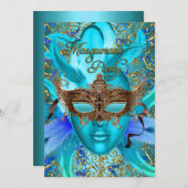 Invitation Plumes Turquoise or Masquerade Masquerade Invitati (Devant / Derrière)