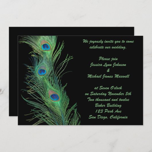 Invitation Plumes vertes avec le mariage noir (Devant / Derrière)