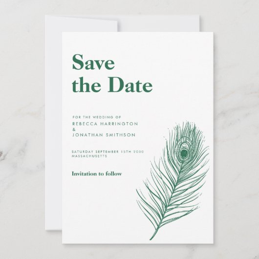 Invitation Plumes vertes Mariage minimal Enregistrer la date (Devant)