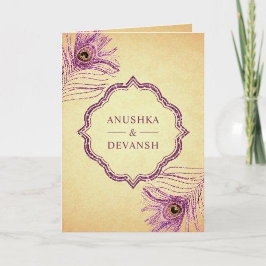 Invitation Plumes violettes Peacock Code QR Mariage indien (Devant)