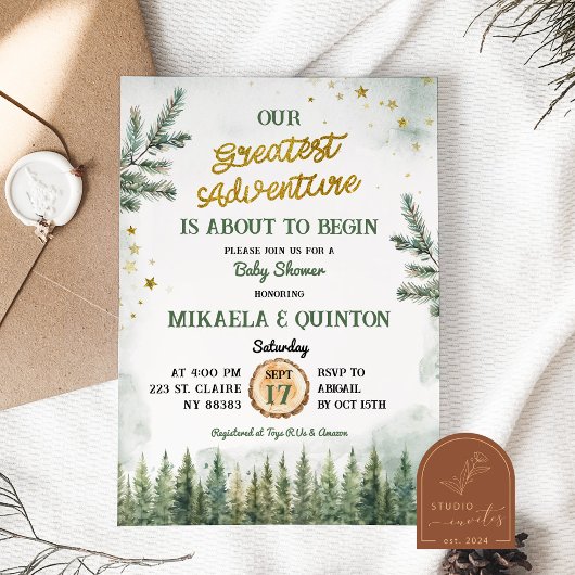 Invitation Plus grande aventure commence Baby shower forestie