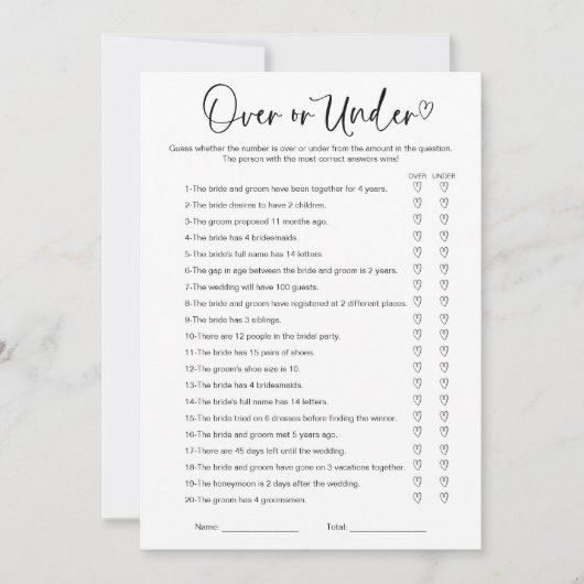 Invitation Plus Ou Sous Fête des mariées Jeu (Devant)