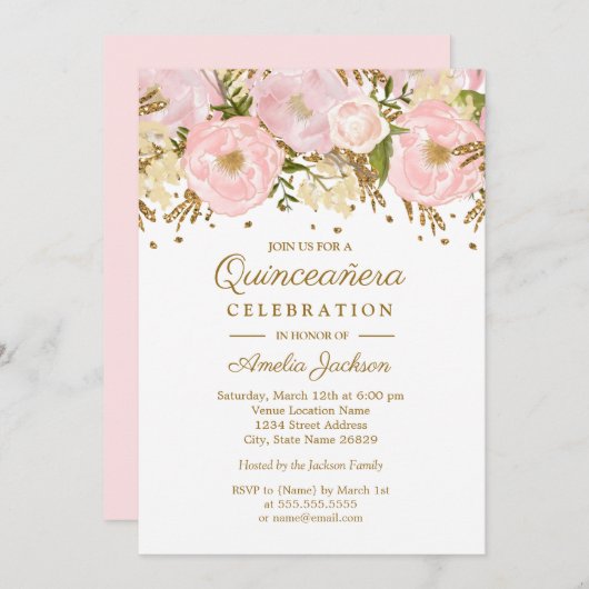 Invitation Plutôt Blush Rose Or Floral Quinceanera (Devant / Derrière)