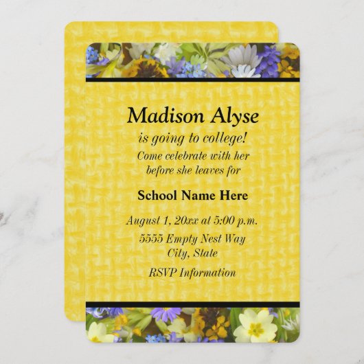 Invitation Plutôt Jaune Violet Floral "Off To College" Invita (Devant / Derrière)