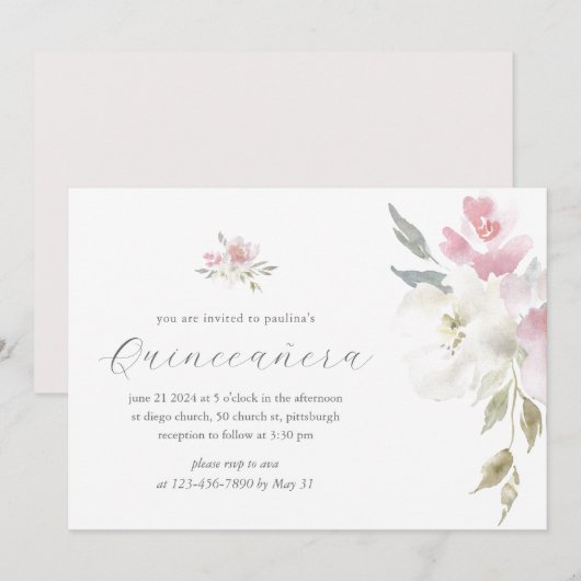 Invitation Plutôt rose Floral 15 Ans Quinceañera (Devant / Derrière)