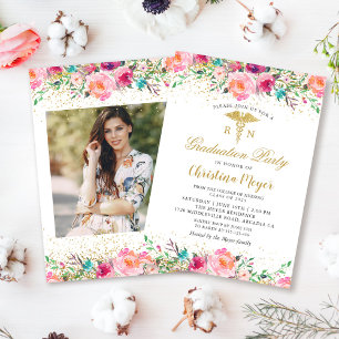 Invitation Plutôt rose Floral RN Nurse Photo Party