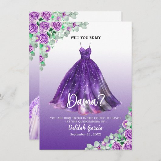Invitation Plutôt Violet Formal Quinceañera Dama Proposition (Devant / Derrière)