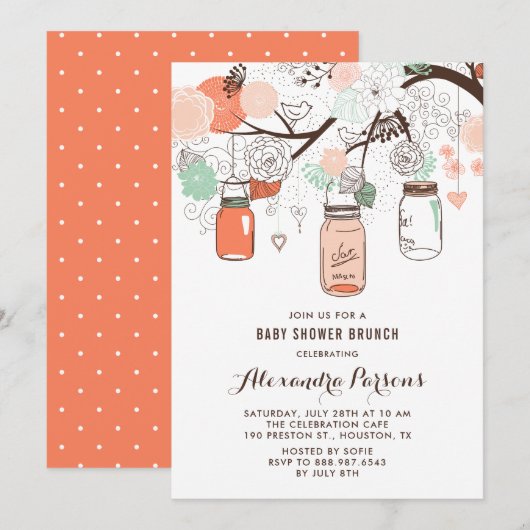 Invitation Poche & Mint Mason Jarres Baby shower Floral Brunc (Devant / Derrière)