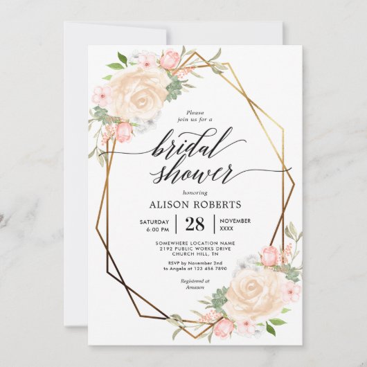 Invitation Pocher aquarelle cadre géométrique douche nuptiale (Devant)