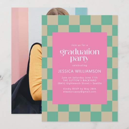 Invitation Pod Pink Mint Green Check Photo Graduation Party (Devant / Derrière)
