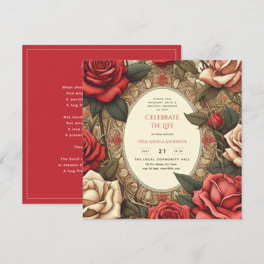 Invitation Poème commémoratif de la vie des Roses rouges vint (Devant / Derrière)