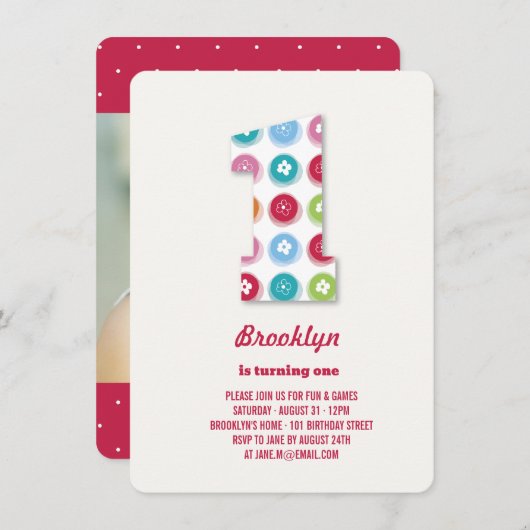 Invitation Poids Fuzzy Couleur Points 1er Anniversaire Photo (Devant / Derrière)