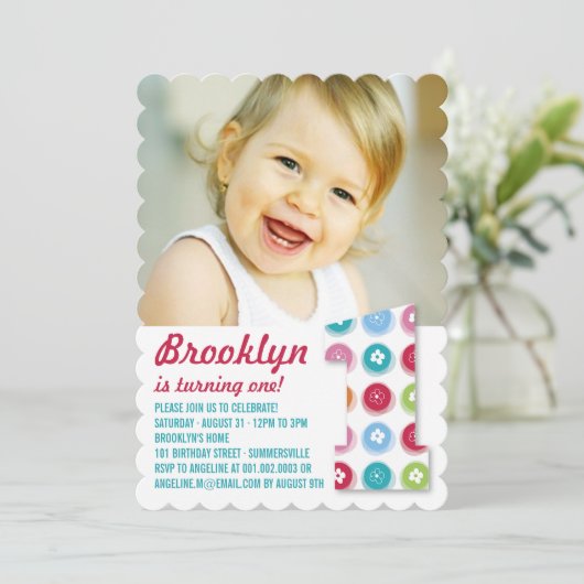 Invitation Poids Fuzzy Couleur Points 1er Anniversaire Photo (Debout devant)