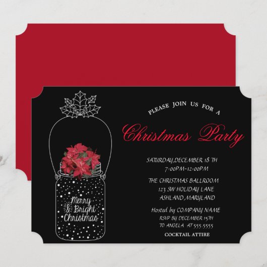 Invitation Poindettia, Mason Jar Fête de Noël d'entreprise (Devant / Derrière)