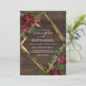 Invitation Poinsététie en or rouge rustique Mariage en bois f (Debout devant)