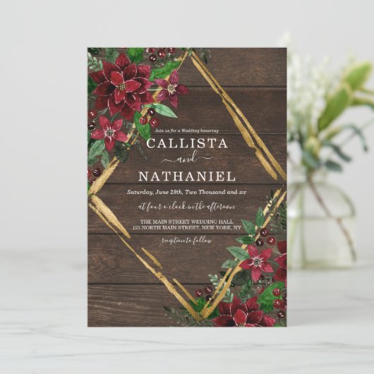 Invitation Poinsététie en or rouge rustique Mariage en bois f (Debout devant)