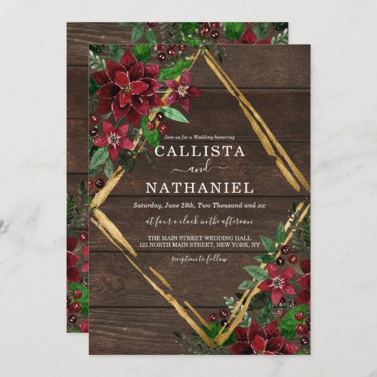 Invitation Poinsététie en or rouge rustique Mariage en bois f (Devant / Derrière)