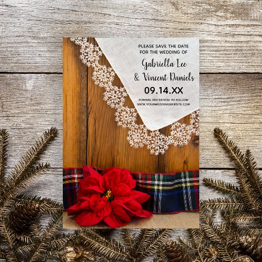 Invitation Poinsététie rouge rustique plaid hiver Enregistrer