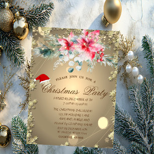 Invitation Poinsettia aquarelle, Étoiles Société de Noël
