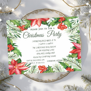 Invitation Poinsettia, Baies de houx Fête de Noël de l'entrep