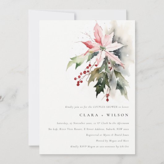 Invitation Poinsettia Berry Foliage Aquarelle Couples Douche (Devant)