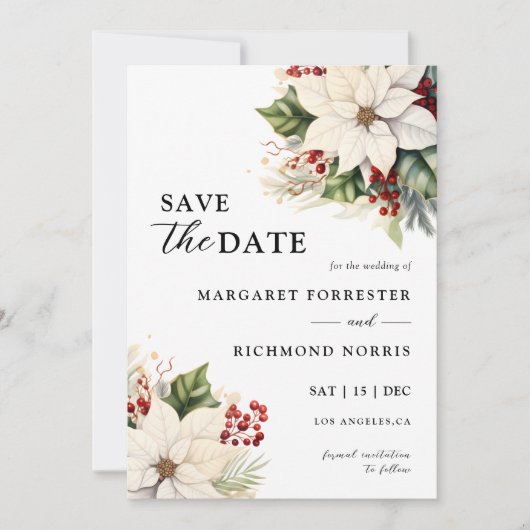 Invitation Poinsettia Blanc Baies Rouges Mariage Enregistrer  (Devant)
