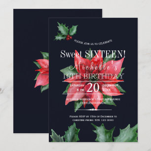 Invitation Poinsettia bleu foncé rouge vert seize ans sucrés