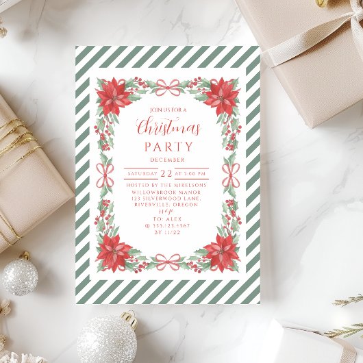 Invitation Poinsettia Botanical Stripe Christmas