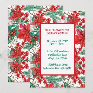 Invitation Poinsettia, Branches de Pin et Baies Rouges