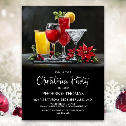Invitation Poinsettia Cocktails Christmas Party