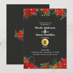 Invitation Poinsettia de mariage d'hiver sombre + Fêtes dorée