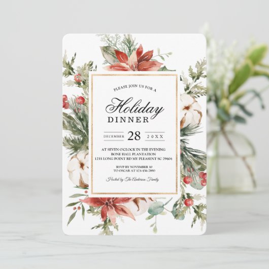 Invitation Poinsettia d'hiver à l'aquarelle & Sapin vert (Debout devant)
