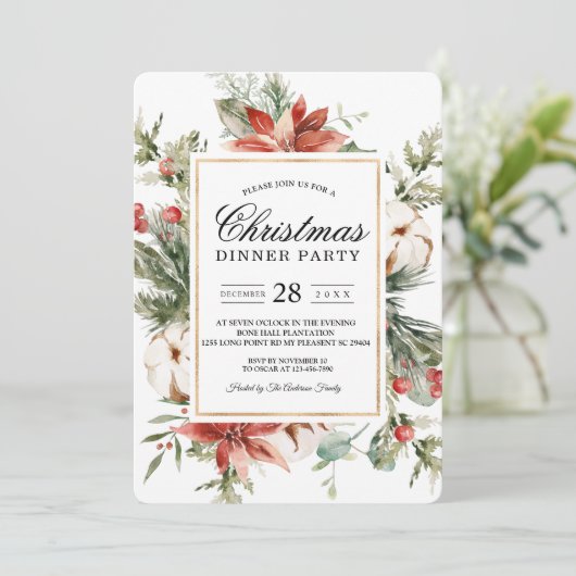Invitation Poinsettia d'hiver à l'aquarelle & Sapin Vert I (Debout devant)