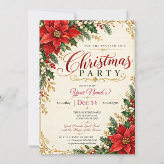 Invitation Poinsettia et houx de Noël vintage
