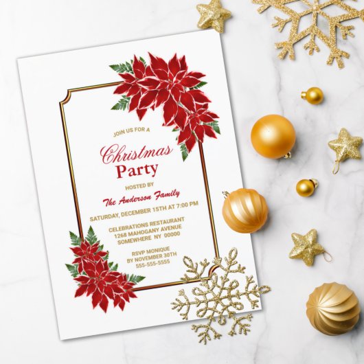 Invitation Poinsettia fête de Noël Gold Bordée