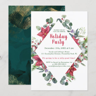 Invitation Poinsettia, feuilles d'eucalyptus, Noël des baies