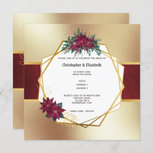 Invitation Poinsettia fleur de Noël or Bourgogne mariage