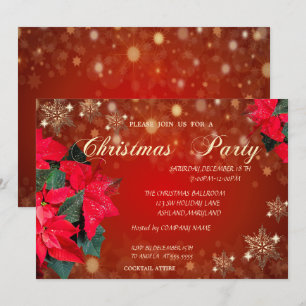 Invitation Poinsettia Flocons, Fête de Noël d'entreprise