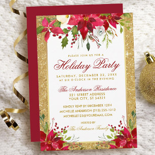 Invitation Poinsettia Floral Gold Parties scintillant Red Hol
