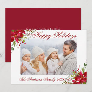 Invitation Poinsettia Floral Photo Red Happy Holidays Card