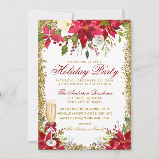 Invitation Poinsettia Florale Champagne Verre Fête (Devant)