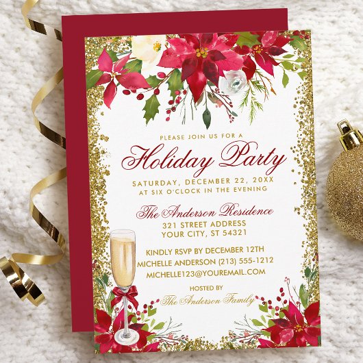Invitation Poinsettia Florale Champagne Verre Fête