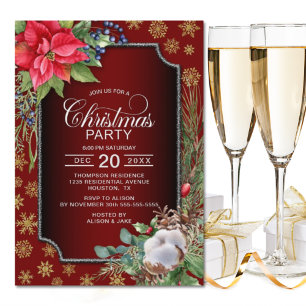 Invitation Poinsettia Gold Snowflakes