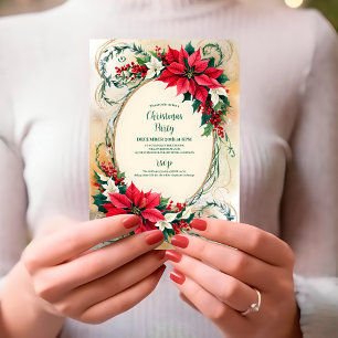 Invitation Poinsettia Holly Berries Fête de Noël Florale