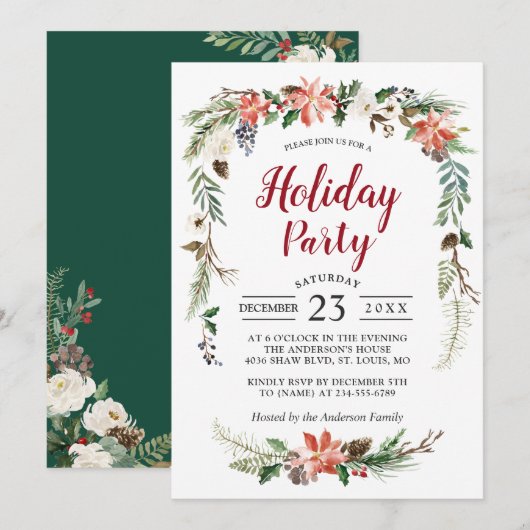 Invitation Poinsettia Holly Berry Ivory Floral Fête (Devant / Derrière)
