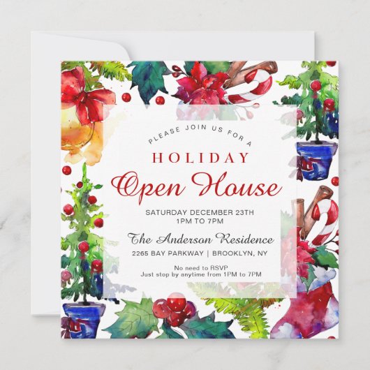 Invitation Poinsettia Holly Berry Orament Holiday Open House (Devant)