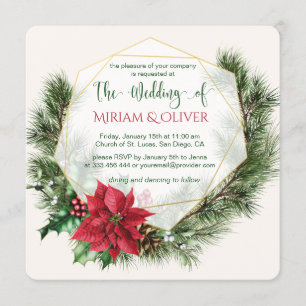 Invitation Poinsettia, houx, pinède Noël Mariage